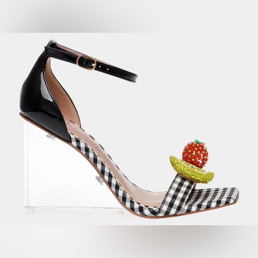 Betsey Johnson Black Gingham Ankle-Strap Sandals with Beaded Fruit